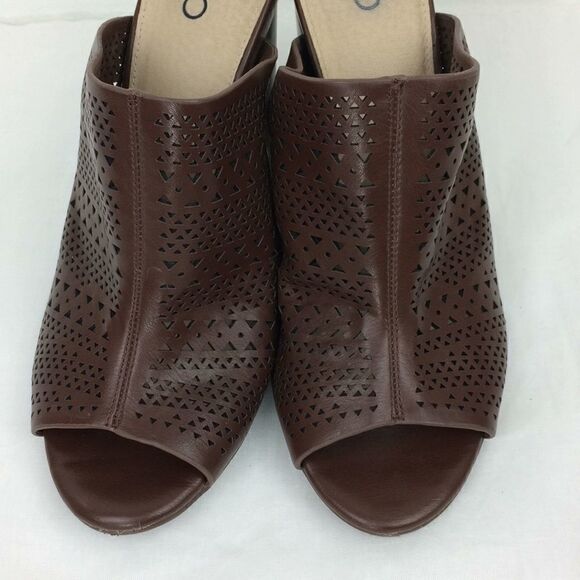 Cato Laser Cut Punch Design Brown Vegan Leather Slip on Heeled Mules - Picture 5 of 8